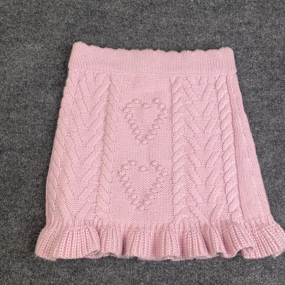 LoveShackFancy Pink Cable Knit Heart Mini Skirt Ruffle Hem Small Barbiecore - Picture 9 of 9
